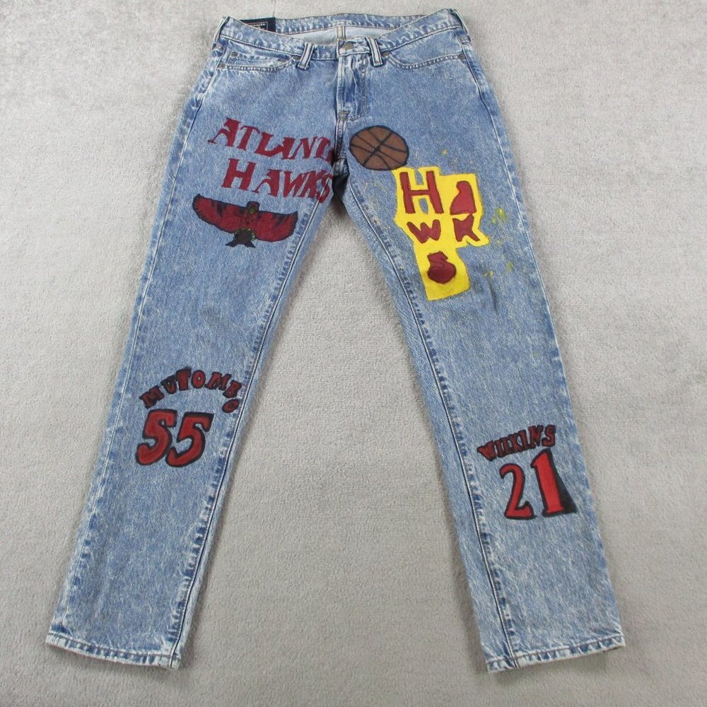 Abercrombie & Fitch Jeans Mens 28x30 Blue Denim Rustin Custom Painted ATL Hawks